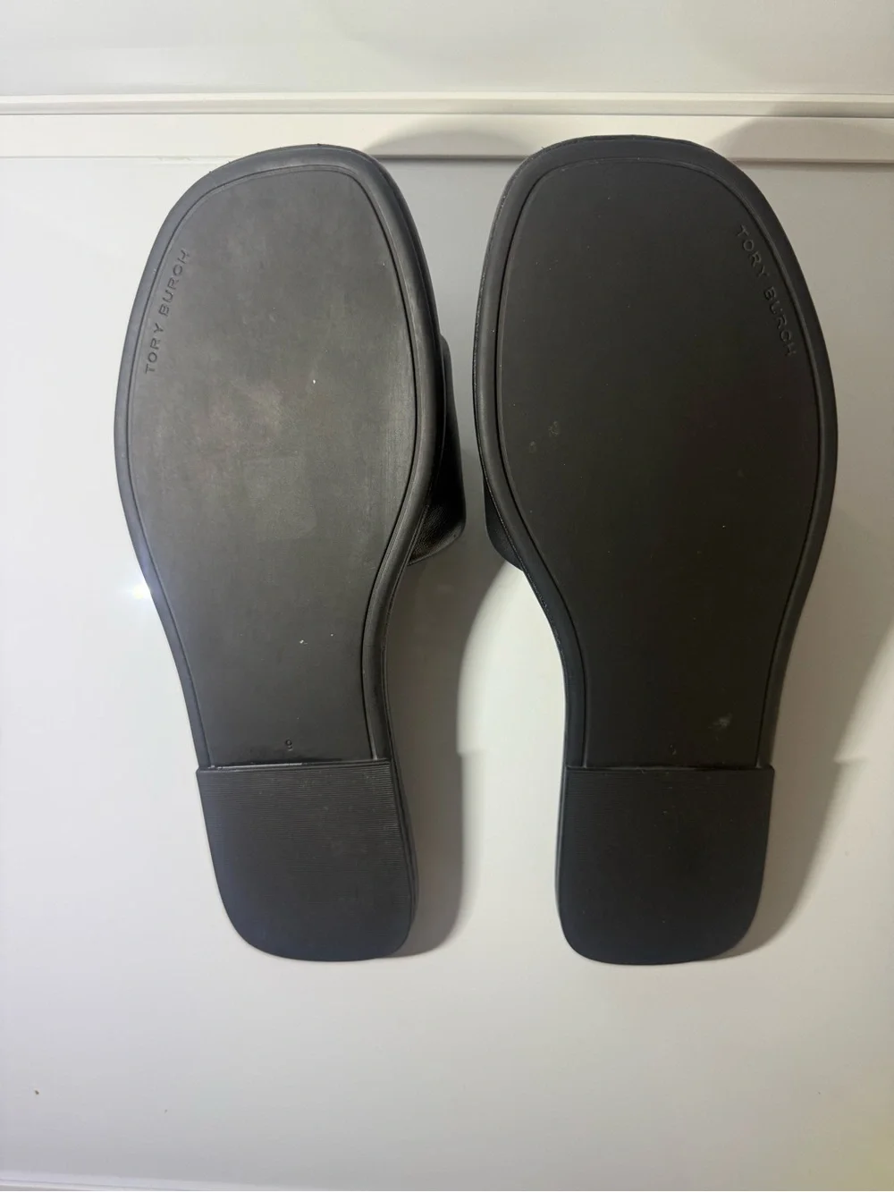 Tory Burch Black Leather Slide Mules with Gold Logo Embellishment size 9
